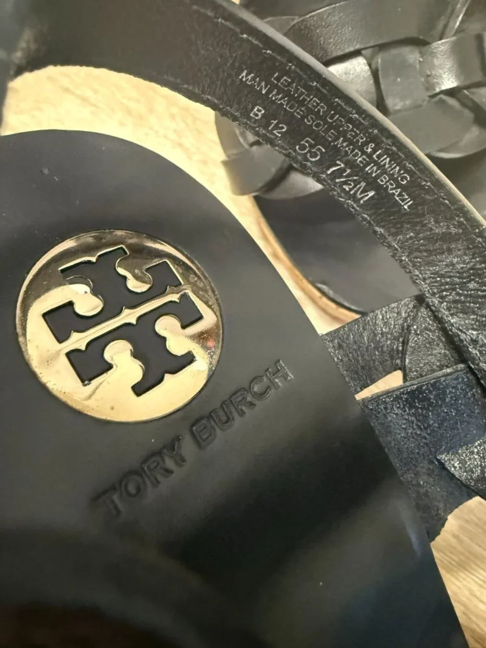 Tory Burch Black Leather Wedge Sandals Cork Heels 7.5 M
